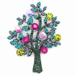Rhinestone Tree Brooch Pin Colorful Crystals Sparkling‎ Fashion Jewelry Gunmetal